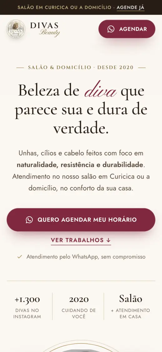 Print do site de Divas Beauty no celular